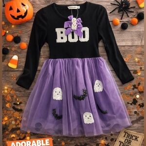 Btween Girls Halloween Boo Dress Size 8 Black Purple Tulle Hair Bows NWT